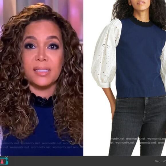 Veronica Beard Roy Navy Mixed Media Pullover with Eyelet Sleeves - Picture 10 of 10